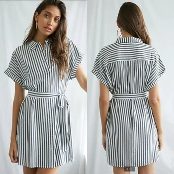 Buttoned Lace-Up Striped Loose Short-Sleeved Dress Turn-Down Collar Striped Print Short Dresses With Sashes Women Summer Dress button up shirred waist striped dress