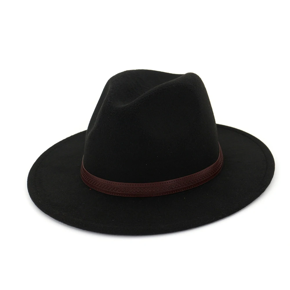 Модная женская мужская шерстяная шляпа Fedora с кожаная лента джентльмен Элегантная Дамская шапка на осень зиму