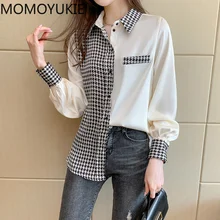 Satin Blouse Shirt Clothing Tops Patchwork Long-Sleeve Beige Houndstooth Women Office