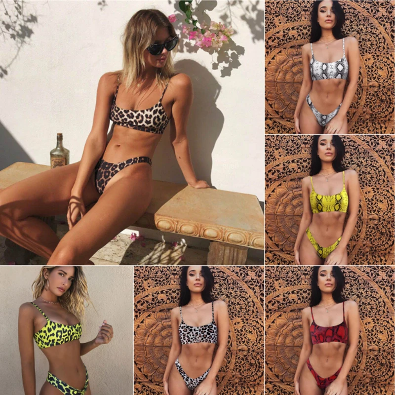 

Sexy Bikini Swimwear Women Leopard Serpentine Print Bikinis Two Piece Swimsuit Biquini Solid Swimming Bathing Suit Beach Wear