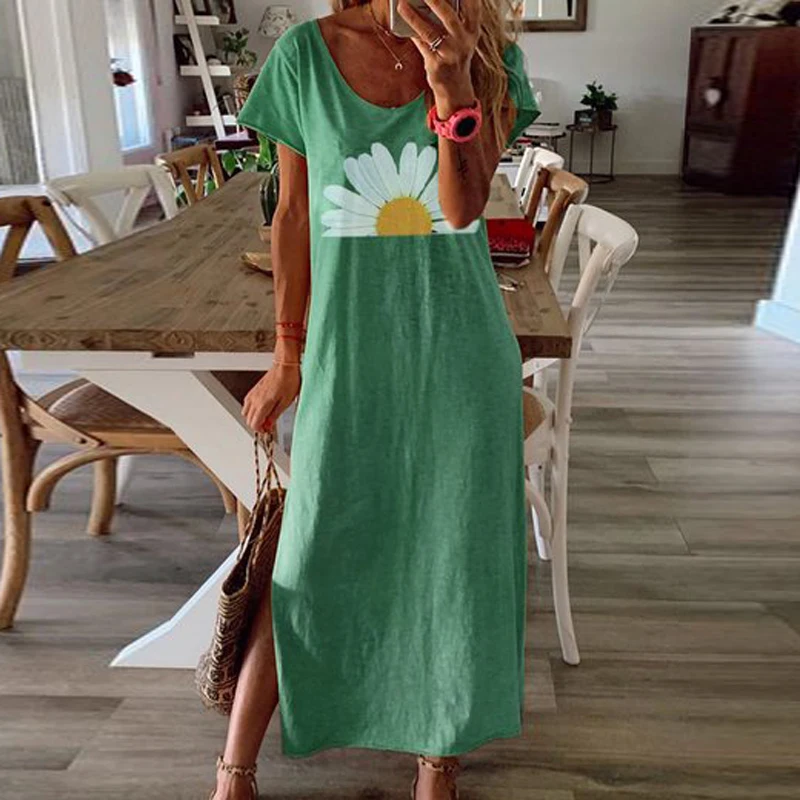 Women Vintage Butterfly Daisy Print Summer Dress Elegant O Neck Short Sleeve Party Dress Ladies Fashion Slit Long Dress Vestidos