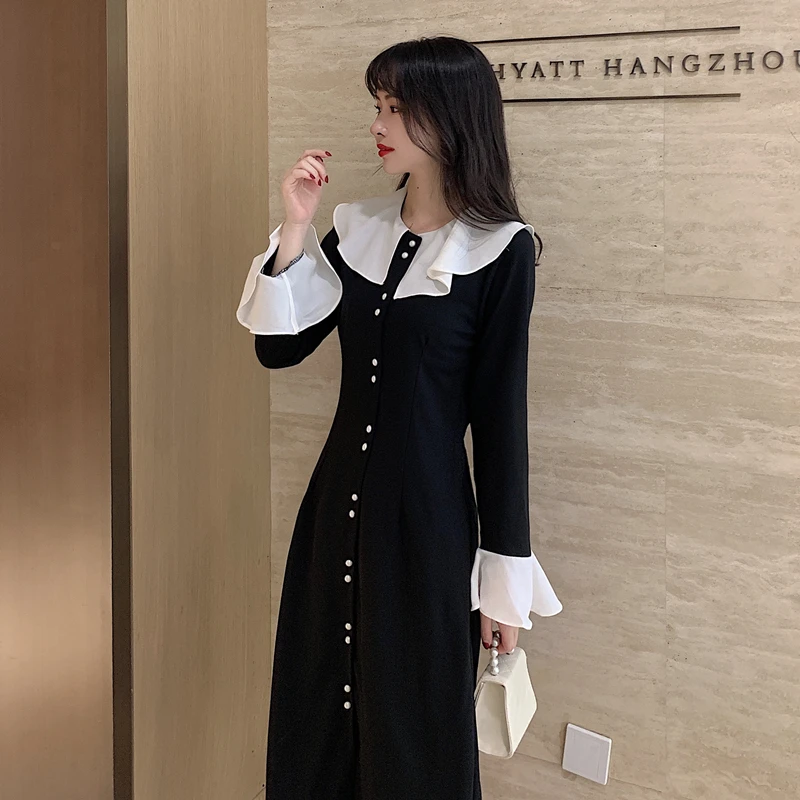 

Women Ruffles Dress Sweet Fashion Ladies Long Sleeve Button Mid-Calf Dress Females Ruffles Sleeve Empire Chic Patchwork Dress