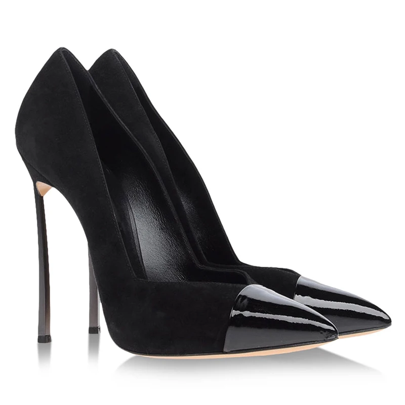 

Ladies Front Low Cut Out Blade Heels Pumps Shiny Leather Pointed Toe Female Suede Patchwork Wedding Shoes Prom Metal High Heels