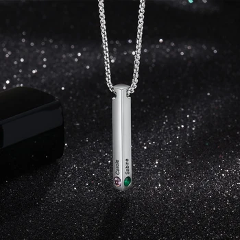 

Customized Engraved 4 Sides Vertical Bar Necklace Pendant with 4 Birthstones Stainless Steel Chain Necklace Personalized Gifts