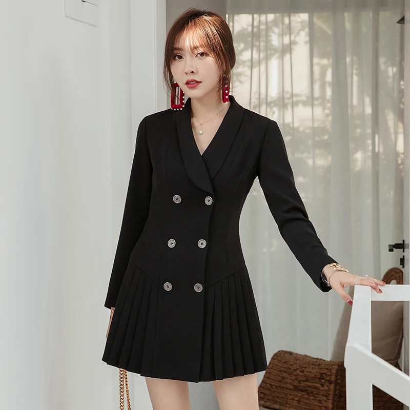 

YIGELILA Autumn New Arrivals Black Dress Turn Down Collar Double-breasted Dress Office Lady Above-knee Mini Dress 65289