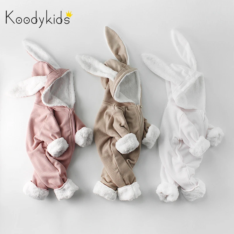 Koodykids/Зимний комбинезон для маленьких девочек; одежда с капюшоном с кроликом; милый зимний комбинезон с плюшевой подкладкой для маленьких мальчиков