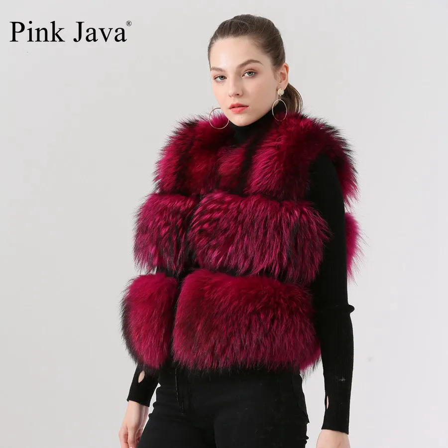 Розовое java QC19091 Новое поступление, горячая распродажа, женское меховое пальто, натуральный мех енота, жилет, короткий жилет, толстое пушистое меховое пальто