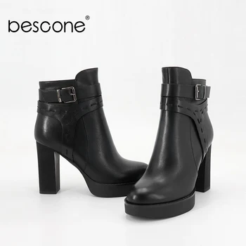 

BESCONE High Quality Sheepskin Women Ankle Boots Casual Round Toe Square Heel Shoes New Fashion Metal Decoration Ladies Boots L7