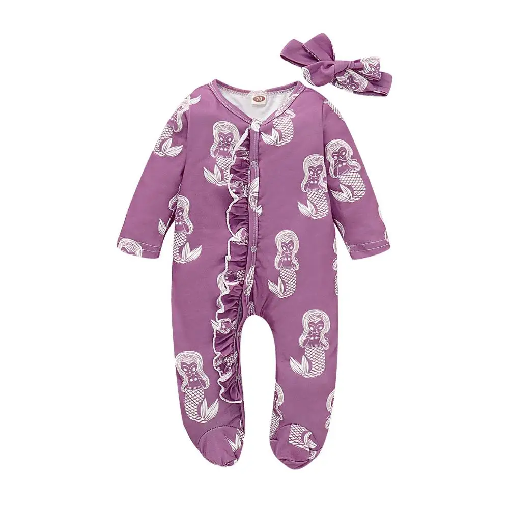 Spring Autumn Newborn Cotton Floral Baby Girls Rompers Toddler Baby Pajamas Headband 2pcs Long Sleeve Jumpsuit Kids Baby Clothes Baby Bodysuits cheap Baby Rompers