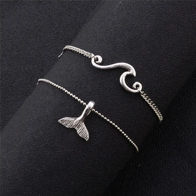 Bohemian Ocean Wave Whale Tail Silver Anklet Bracelet for Women Beach Ankle Chain Foot Bracelet Summer Jewelry