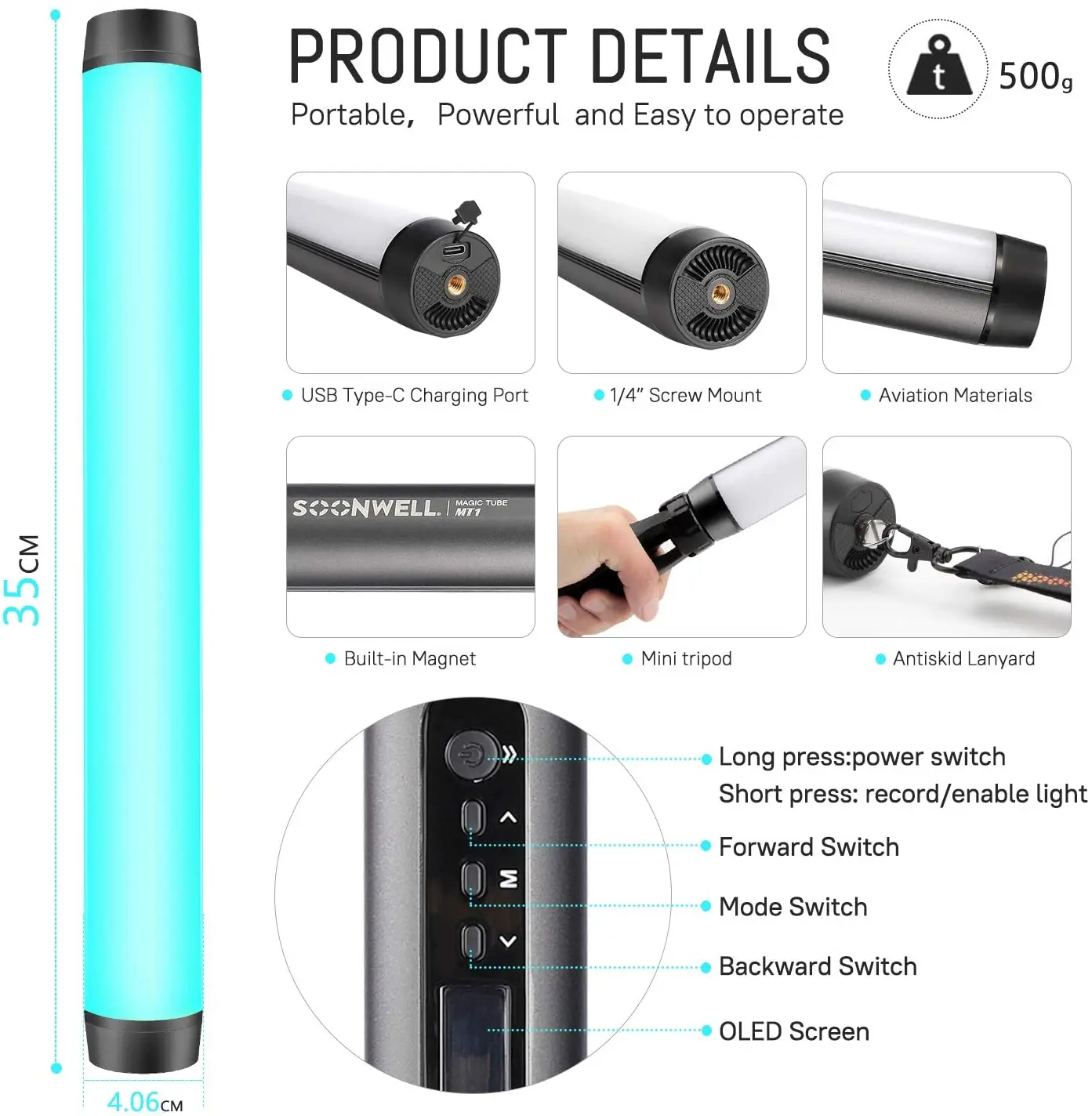 SOONWELL MT1 RGB LED Tube Light Waterproof Handheld Light Wand LED Video Light Stick for Photography Lighting Stick Android