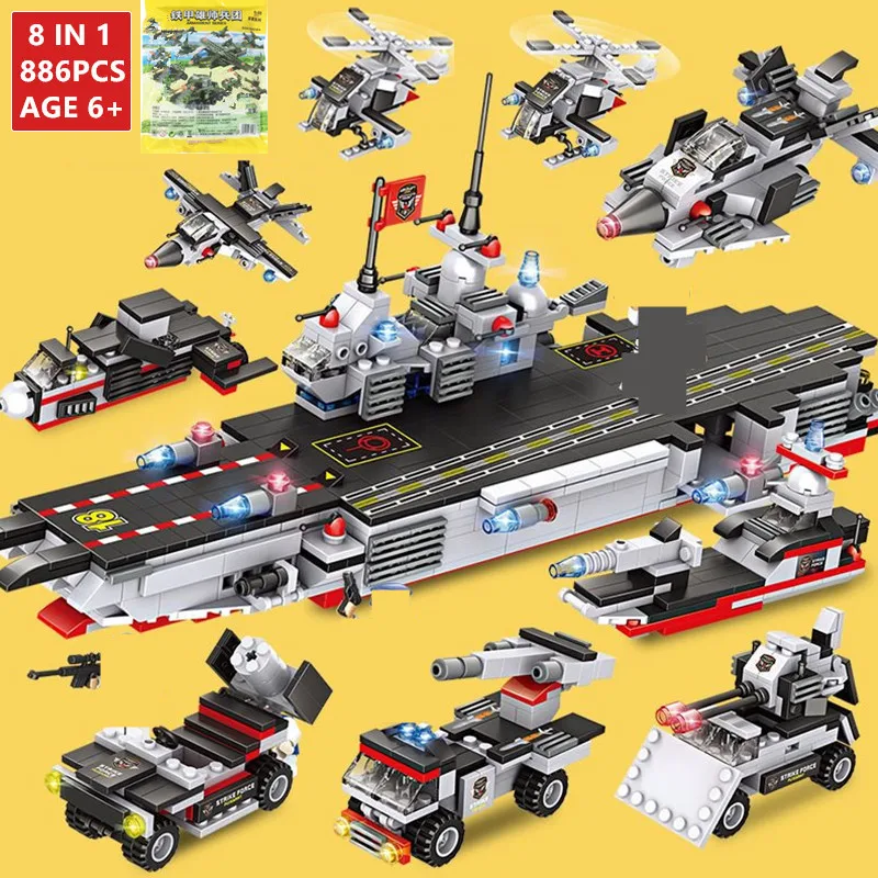 

886Pcs Military Aircraft Carrier ARMY NAVY Warship Building Blocks Sets Technic LegoINGLs Bricks Lepinblocks Toys for Children