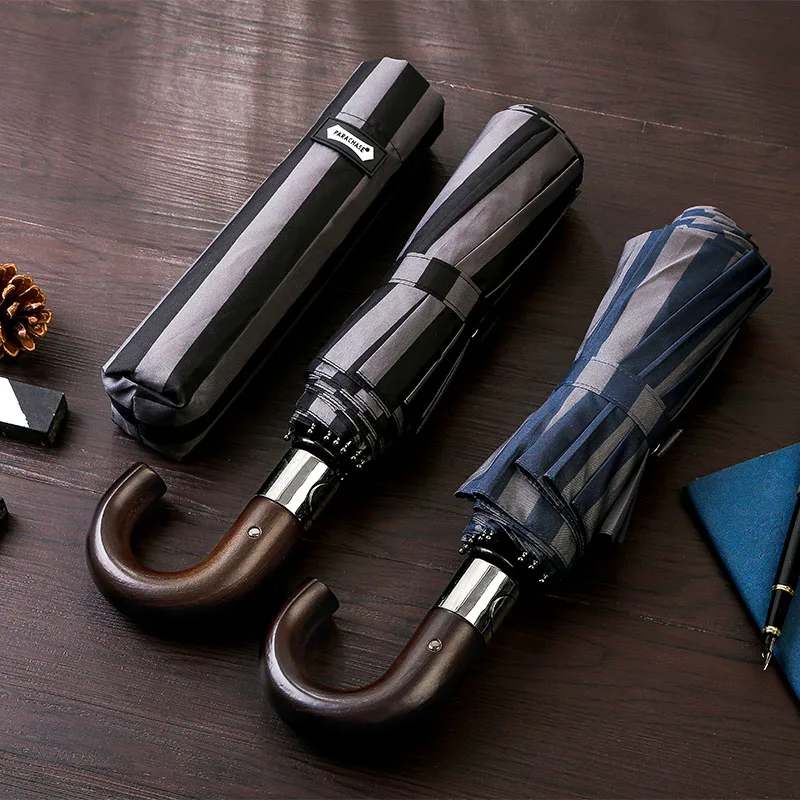 

Parachase Automatic Umbrella Men Wood Handle Folding Umbrellas Windproof 10 Ribs Stripe Style Golf Umbrella Rain Male Paraguas