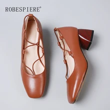 ROBESPIERE/обувь из натуральной кожи; женские туфли-гладиаторы с перекрестной шнуровкой; женские коричневые туфли на толстом каблуке с квадратным закрытым носком; A140
