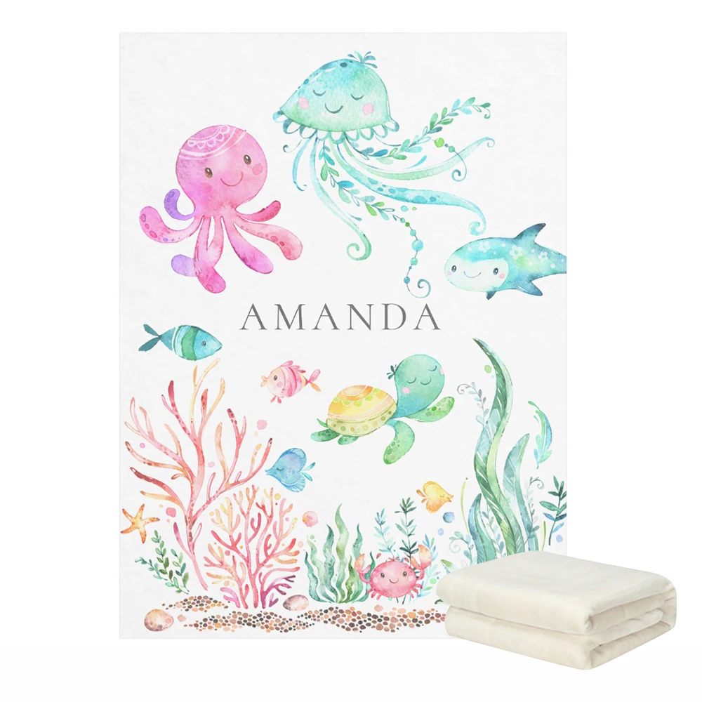 

LVYZIHO Personalized Baby Name Under the Sea Baby Receiving Blanket - 30x40 / 48x60 / 60x80 Inches - Fleece Blanket