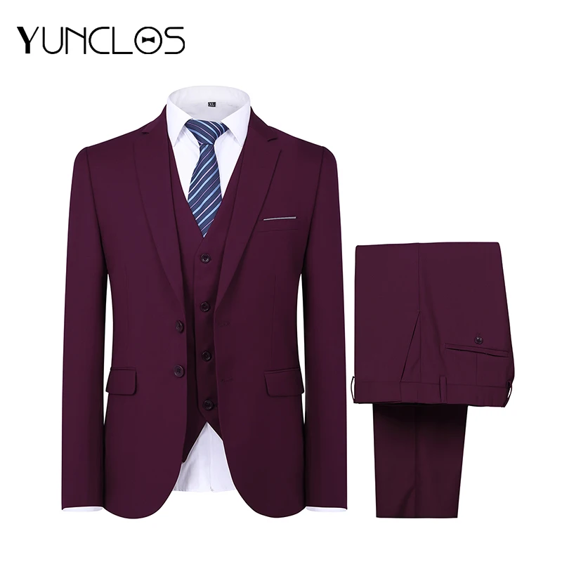 YUNCLOS 2019 Fashion Solid Color Business Casual Men 3 Pcs Suits Traje Slim Fit Hombre Banquet Tuxedos Wedding Suit For Men