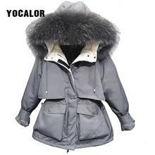 Модная женская пуховая парка с воротником из натурального меха енота для девочек; куртки; осеннее пальто; зимняя женская теплая куртка-пуховик; большие размеры; пальто на утином пуху