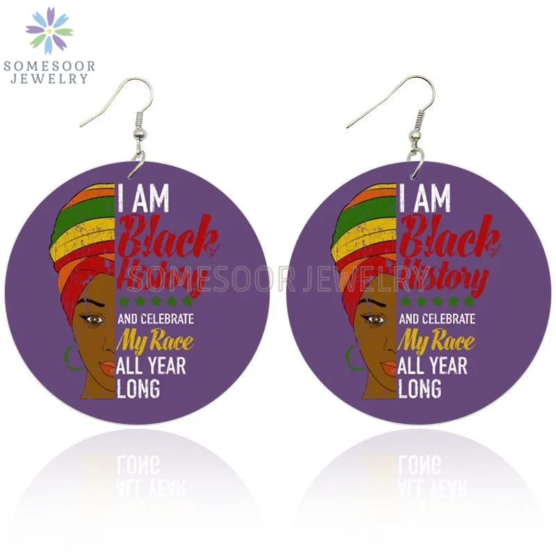 SOMESOOR African Frabic Style Headwrap Woman Printing Wooden Drop Earrings Black History Celebrate My Race Design For Women Gift | Украшения
