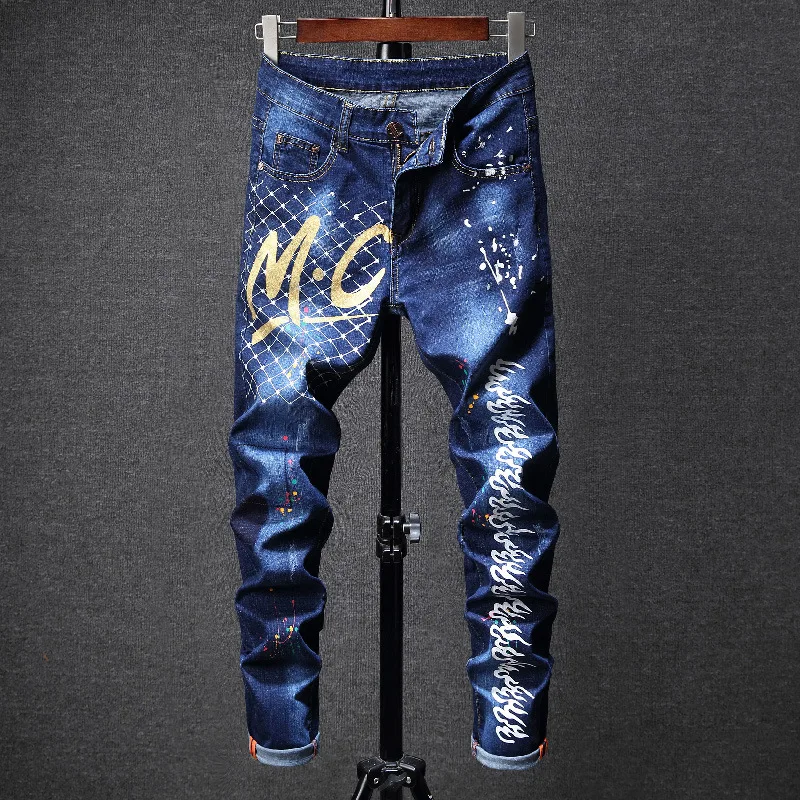 

New Style Printed Letter Men's Skinny Tight Elasticity Jeans Blue Paint Inkjet-Style Fashion Pants