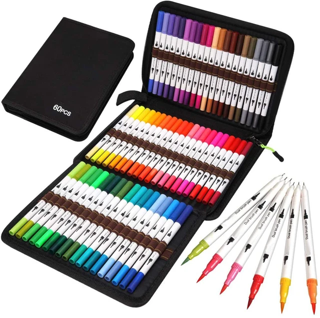 100 Colors Dual Tip Brush Pens with 1 Adult Coloring Book, Bulk Watercolor