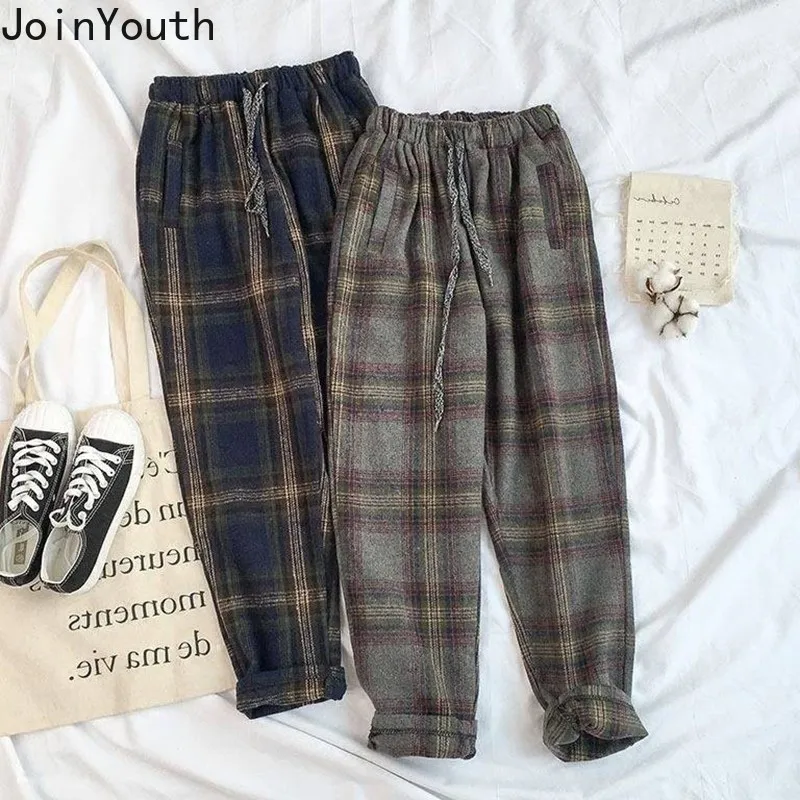 

JoinYouth 2019 Autumn Vintage Plaid Pants Women Drawstring High Waist Harem Pant Ankle-length Trousers Fashion Bottoms J260