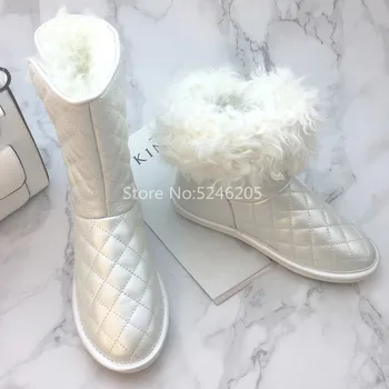 

Classic Fashion Women Boots Round Toe Black White Geunine Leather Real Wool Snow Boots Slip On High Quality Shoes Woman