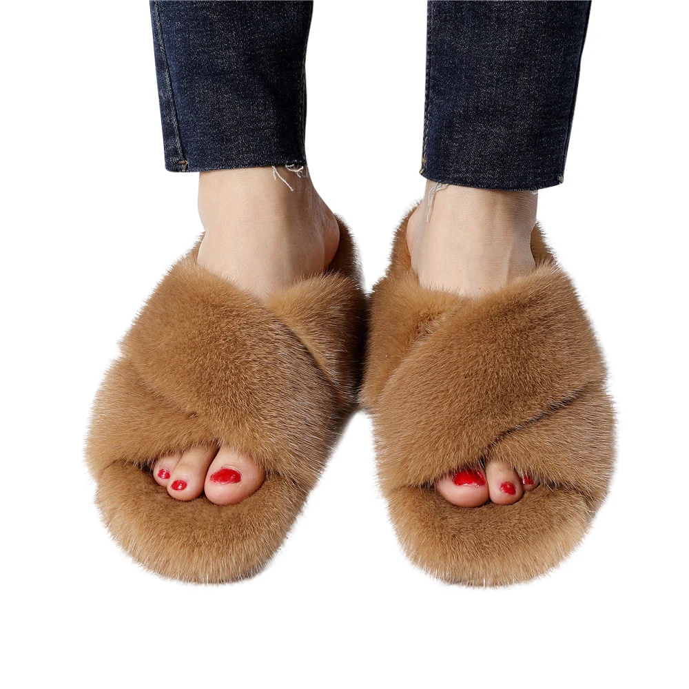 

Luxury Women's Winter Real Mink Fur Slippers Flat Heel Sliders Top Quality Lady Luxury Fur Sandals Outdoor Warm Cute Slipper