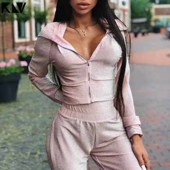 

Women Shiny Sequined Casual Sweatsuit Tracksuit Zipper Up Hoodies Hooded Sweatshirt Harem Pants Trousers 2Pcs/set Knit Outfits