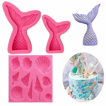 

Mermaid Tail Silicone Cake Mold Marine Series Cake Liquid Silicone Fondant Mold Shell Conch Western Food Cake Decoration Mold
