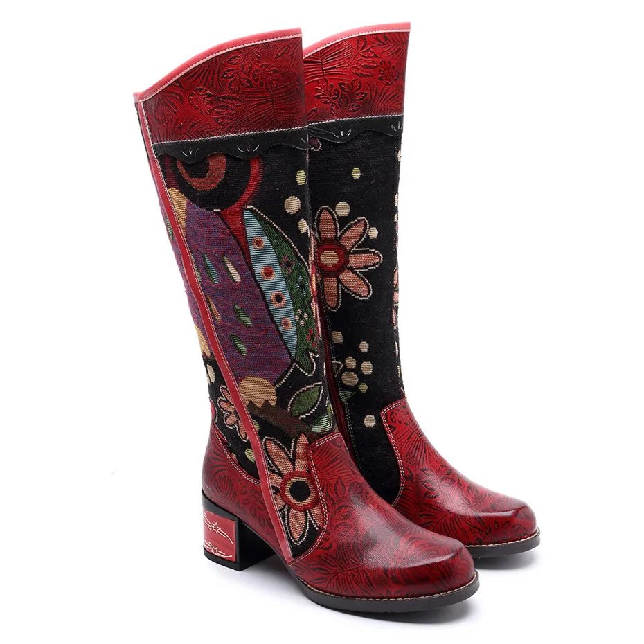 Fashion Patchwork Western Cowboy Boots Women Shoes Bohemian Genuine Leather Shoes Woman Vintage Side Zip Knee High Riding Boots (13)