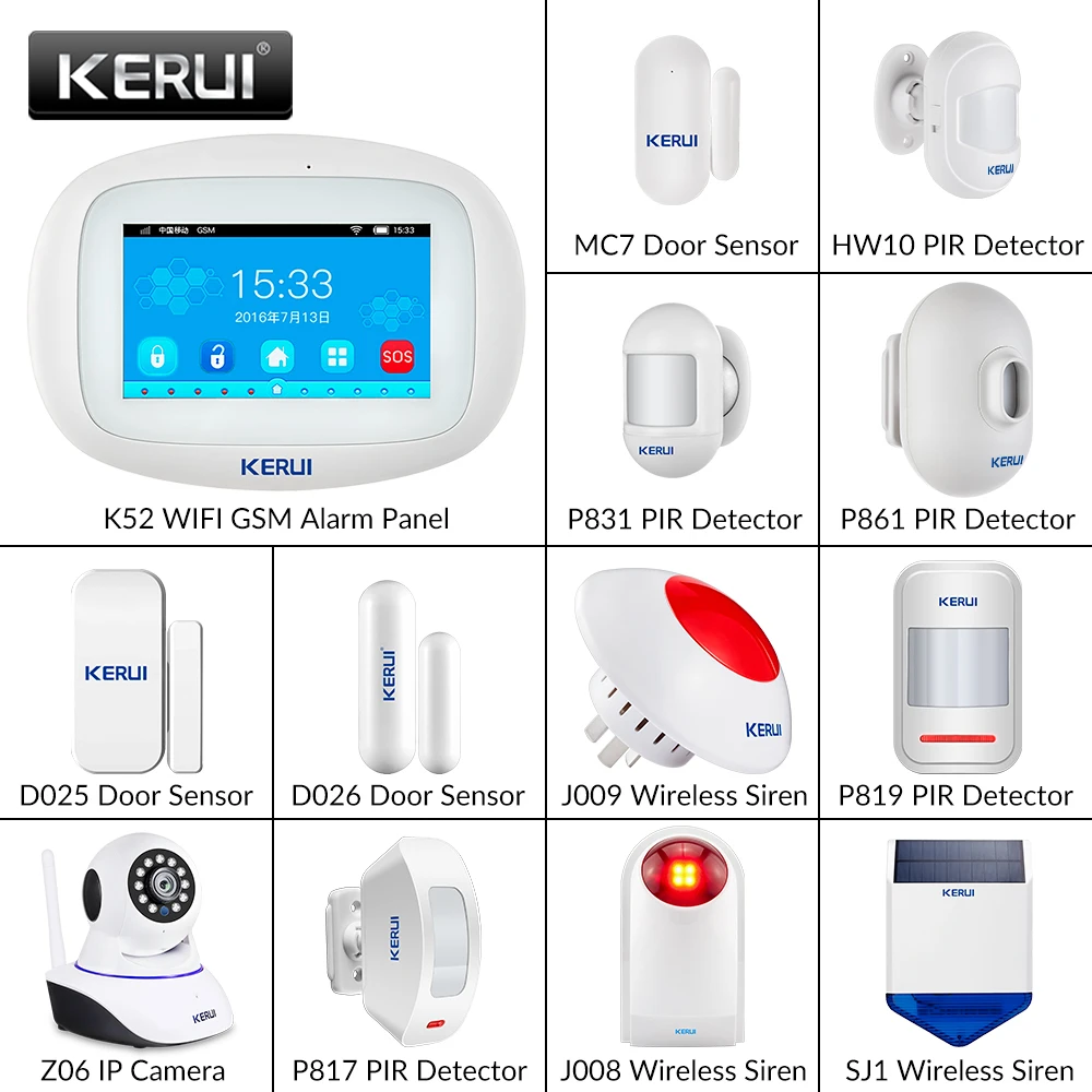 Система сигнализации KERUI K52 Wi Fi GSM 4 3 дюйма с большим сенсорным экраном|Комплекты