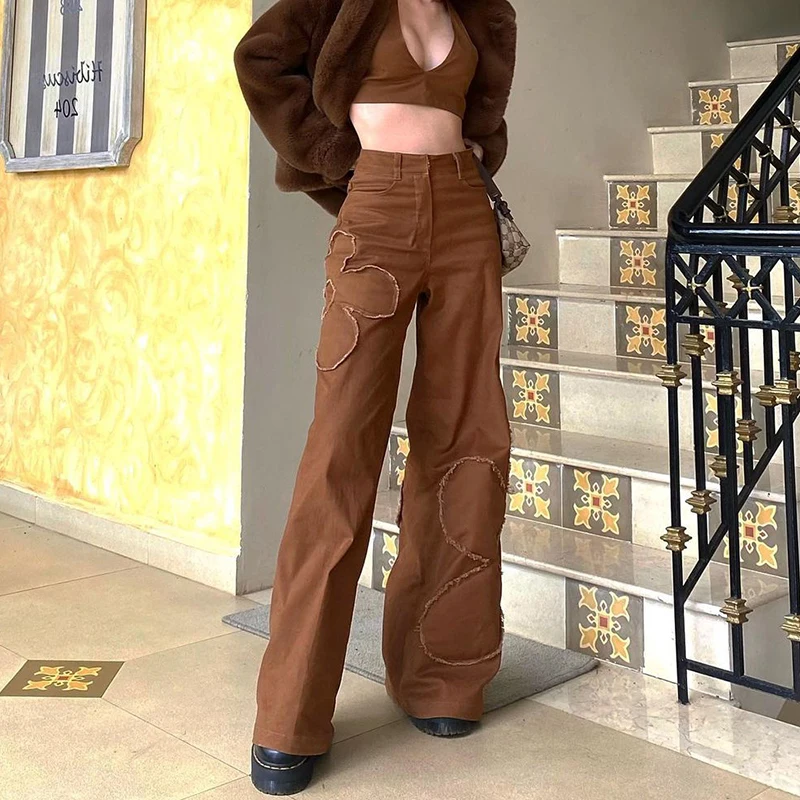 Rapcopter Brown Floral Jeans Y2K Retro Denim Pants Baggy Straight Cargo Pants Women Hot Popular Trousers 90S Harajuku Joggers