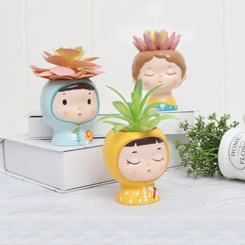 

Enamel Flowerpot Cute Cartoon Girl Succulent Plant Flowerpot Desk Handicraft Bonsai Decoration#24