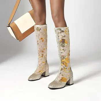 

US4-13 Womens Pointed Toe Sequins Bling Mesh Floral Knee Thigh High Boots Chunky Gold Sliver Floral Long Shoes Plus Size 34-48