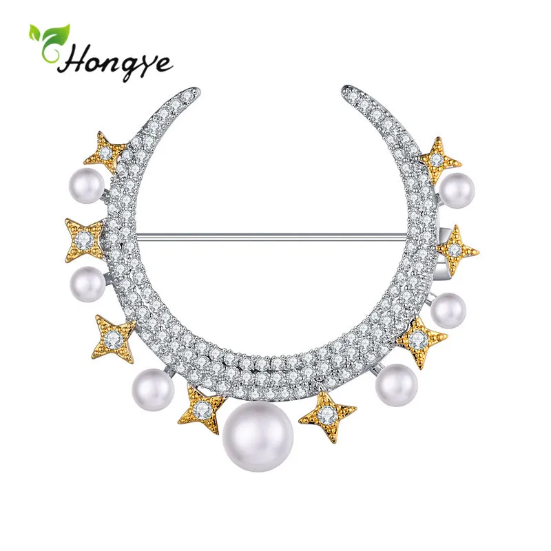 

Hongye New Fashion Silver Color Moon Star Zircon Metal Pearl Brooches For Women Sweater Party Dress Badge Pin Fine Jewelry