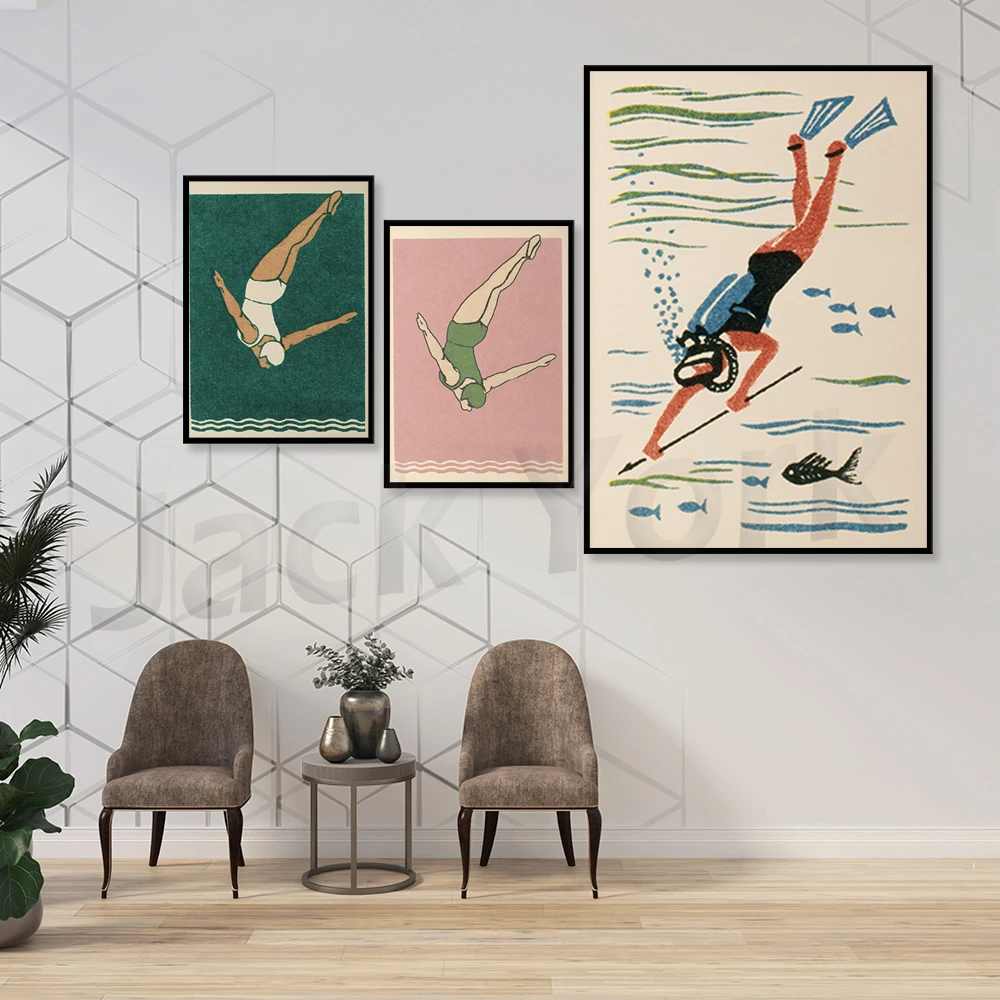 Stampa Subacqueo | Stile Art Deco | Vintage Marittimo | Decorazioni Per Il Bagno | Poster Di Nuoto | Estetica Verde Rosa
