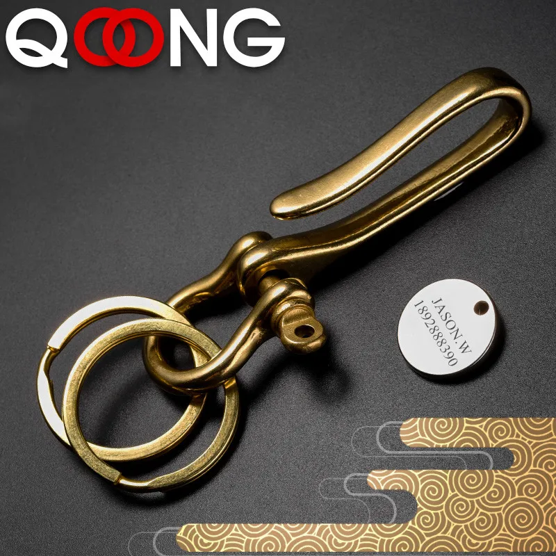 

QOONG High-grade Two-rings Luxury Pure Handmade Brass Car Key Chain Removable Man's Strap Key Holder Waist Hanged Key Ring T02