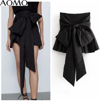 

AOMO casual women black bow tie mini skirt faldas mujer vintage side zipper ladies sexy short calf skirts 6A162A