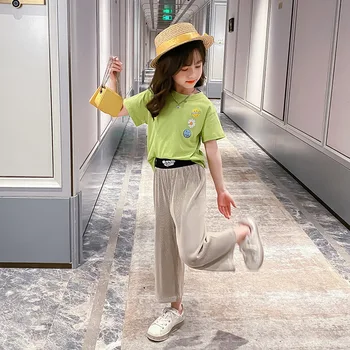 

Children Clothes Girls Summer Outfits Kids Short Sleeve T-shirt+Wide-legged Nine Points Pants Two Piece Set