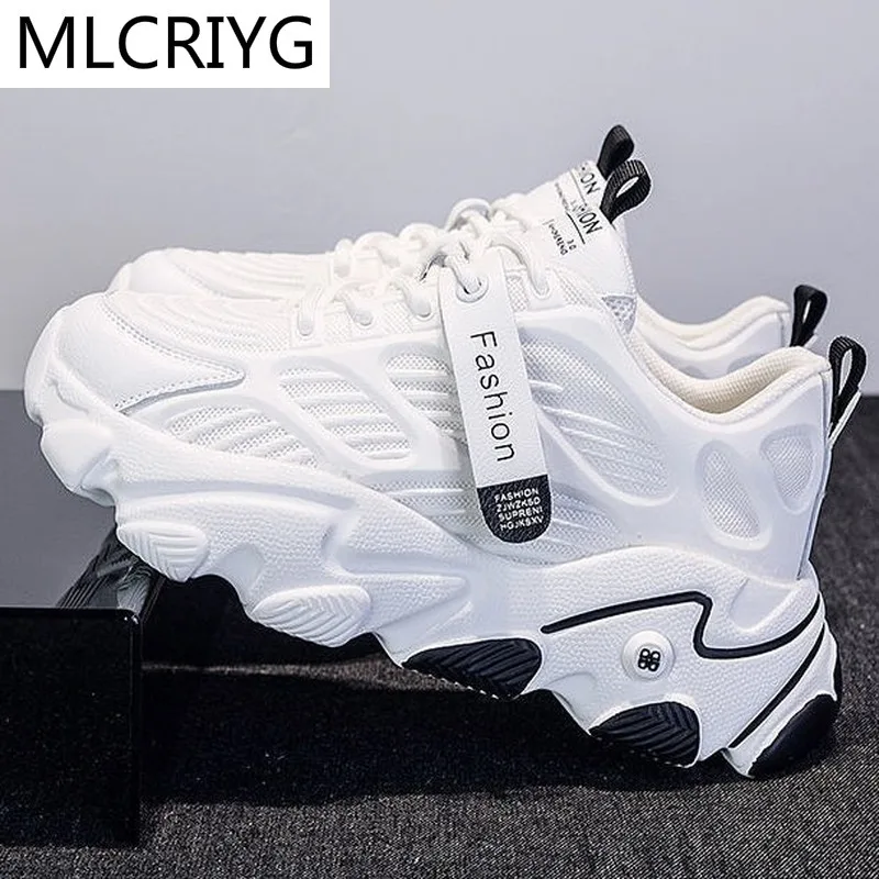 Zapatillas de malla con cordones para mujer, zapatos informales transpirables y cómodos, con plataforma antideslizante, para otoño, 2021