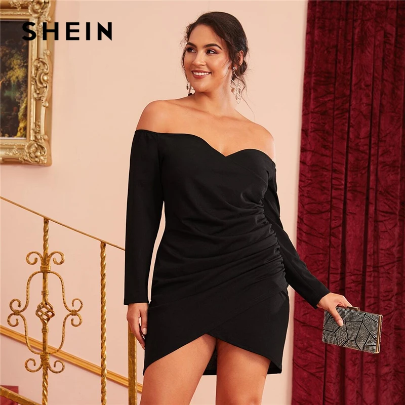 

SHEIN Plus Size Off Shoulder Cross Wrap Ruched Detail Bardot Party Black Dress Women Autumn Plus Glamorous Sexy Short Dresses