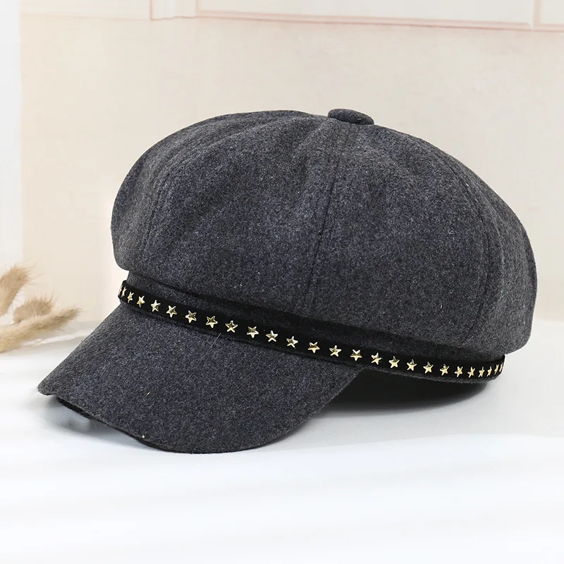 

Autumn Winter Hats for Women Solid Star Octagonal Caps Ladies Casual Woolen Hat Winter Beret Women Cap HR122203