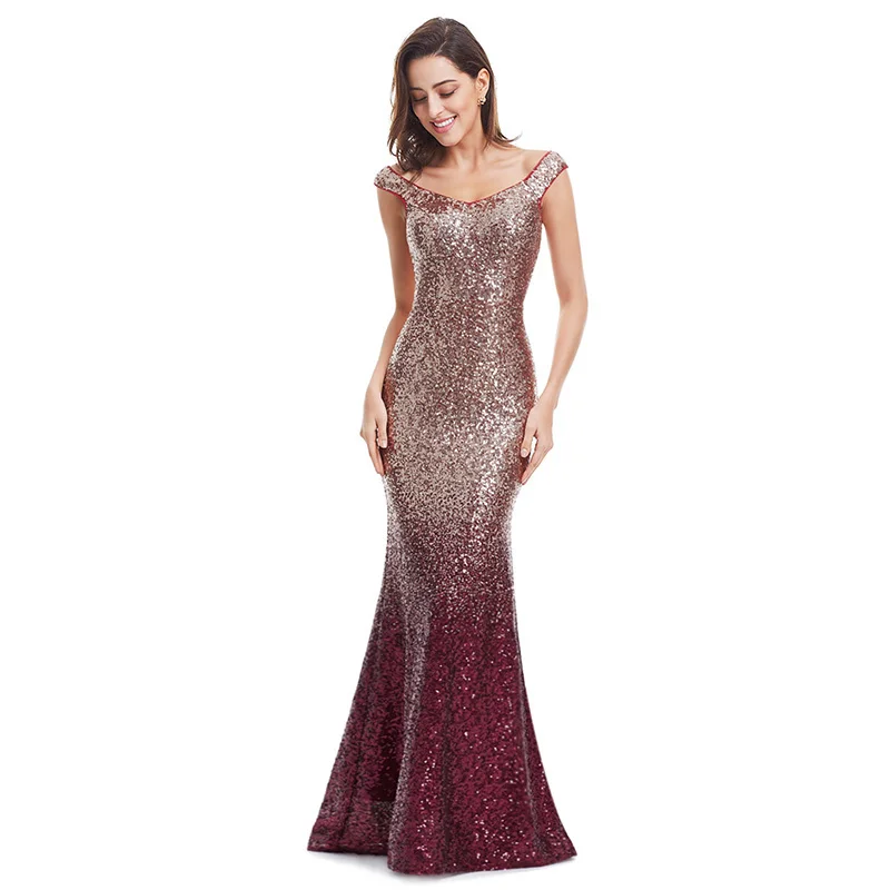 New Gold Sequin Dress Long Elegant Off The Shoulder V Neck Sequined Women Party Dress Sexy Club Dress Vestido Largo De Fiesta - Цвет: Burgundy