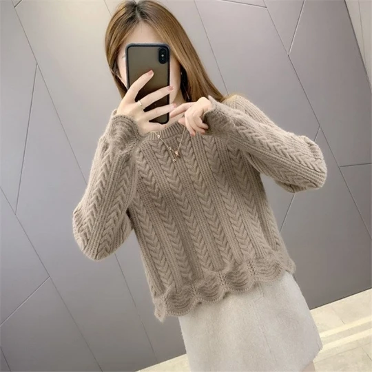 

Khaki Sweet Simple Pure Color Spring Pullover O-Collar Warm Sweater Women's Sweaters Women Girl Pull Slim Top Cloth Outer Coat