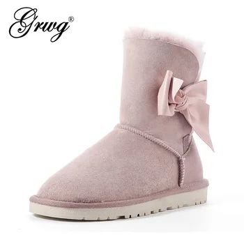 

100% real wool bow-knot snow boots sheepskin leather winter mid-calf women boots natural shearling fur lined winter suede boots