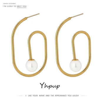 

Yhpup Minimalist Golden Geometric Stud Earrings Trendy Simulated Pearls Metal Texture Earrings for Women бижутерия для женщин