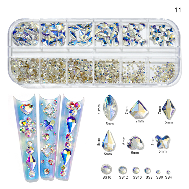 Rhinestones Nail Art Decoration 3D Multi Size AB Flatback Crystal Gems Glitter Nail Art Luxurious Decorations 12 Girds