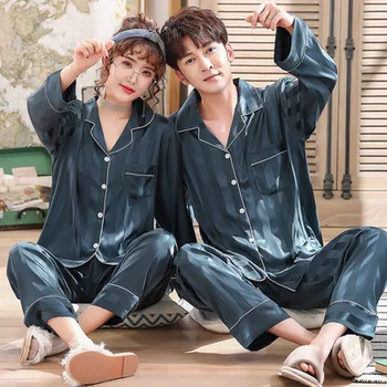 

Spring Striped Couple Pajamas Set Women Ice Silk Long Sleeve Sleepwear Men's Silk Plus Size Homewear Pajamas 2 Pieces Set