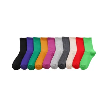 

10 Pairs Cotton Blend Soft Autumn Winter Crew Women Socks Assorted Colors Solid Elastic Sweet Breathable Casual Comfortable