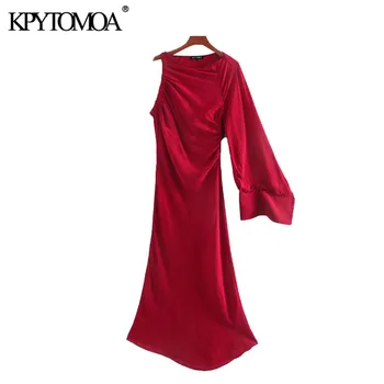 

KPYTOMOA Women 2020 Chic Fashion One Shoulder Asymmetric Midi Dress Vintage Long Sleeve Side Elastic Female Dresses Vestidos